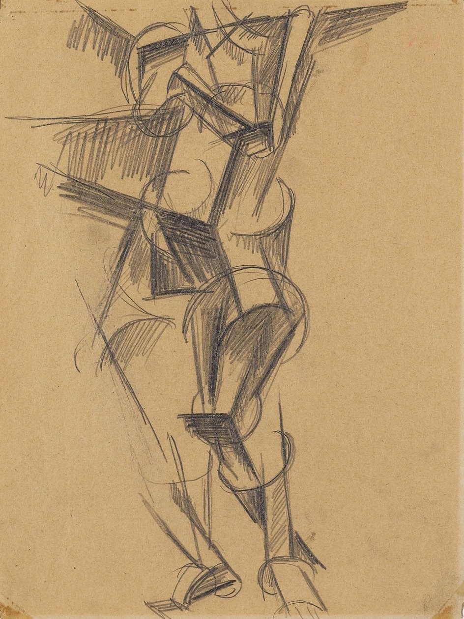 Kubistisk mand (stående figur), 1915 (grafit på vævet papir) af Lyubov Sergeevna Popova