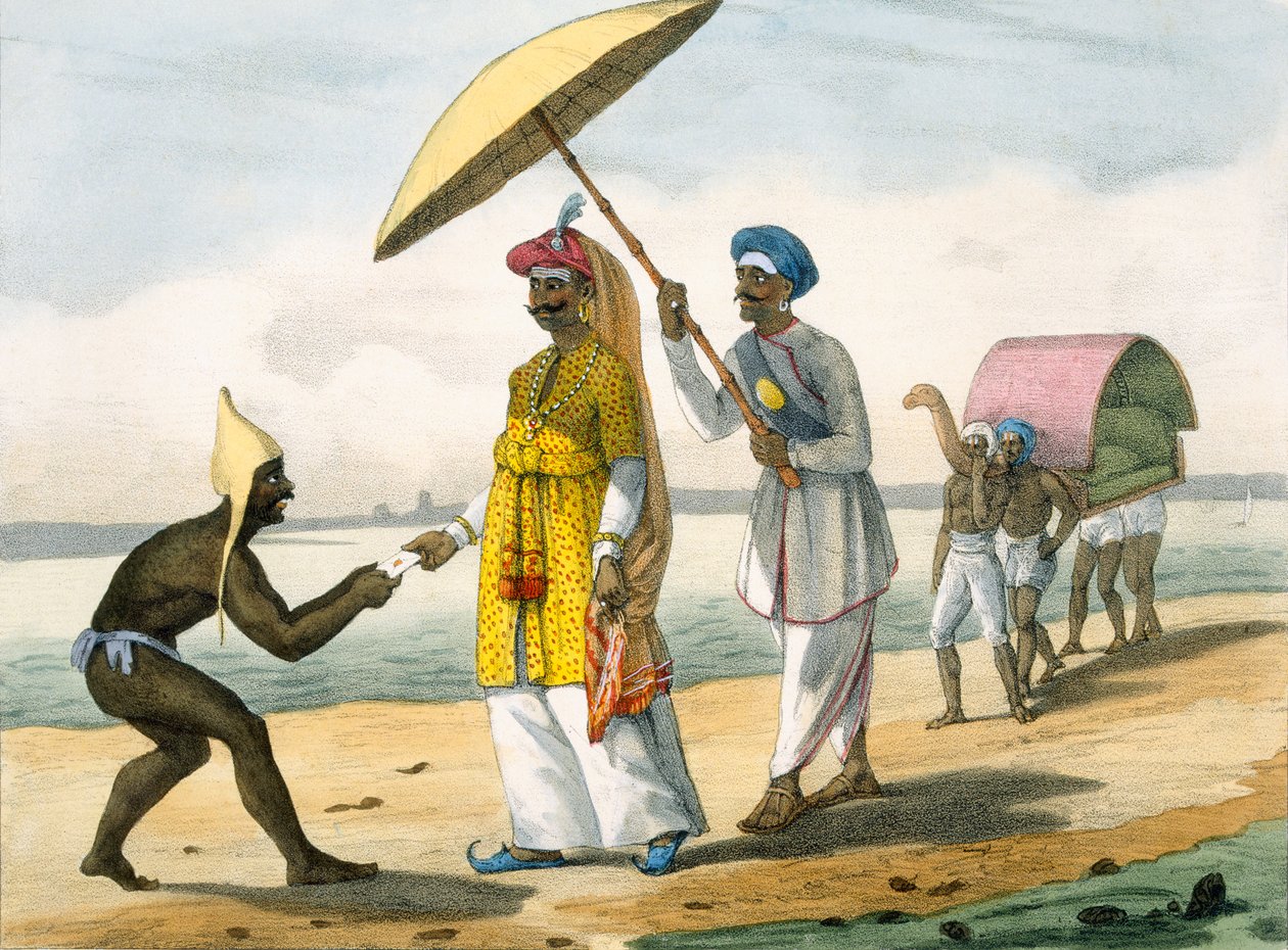 Paleagar leverer et brev til grandees på en strand, 1827-35 af M.E. Burnouf