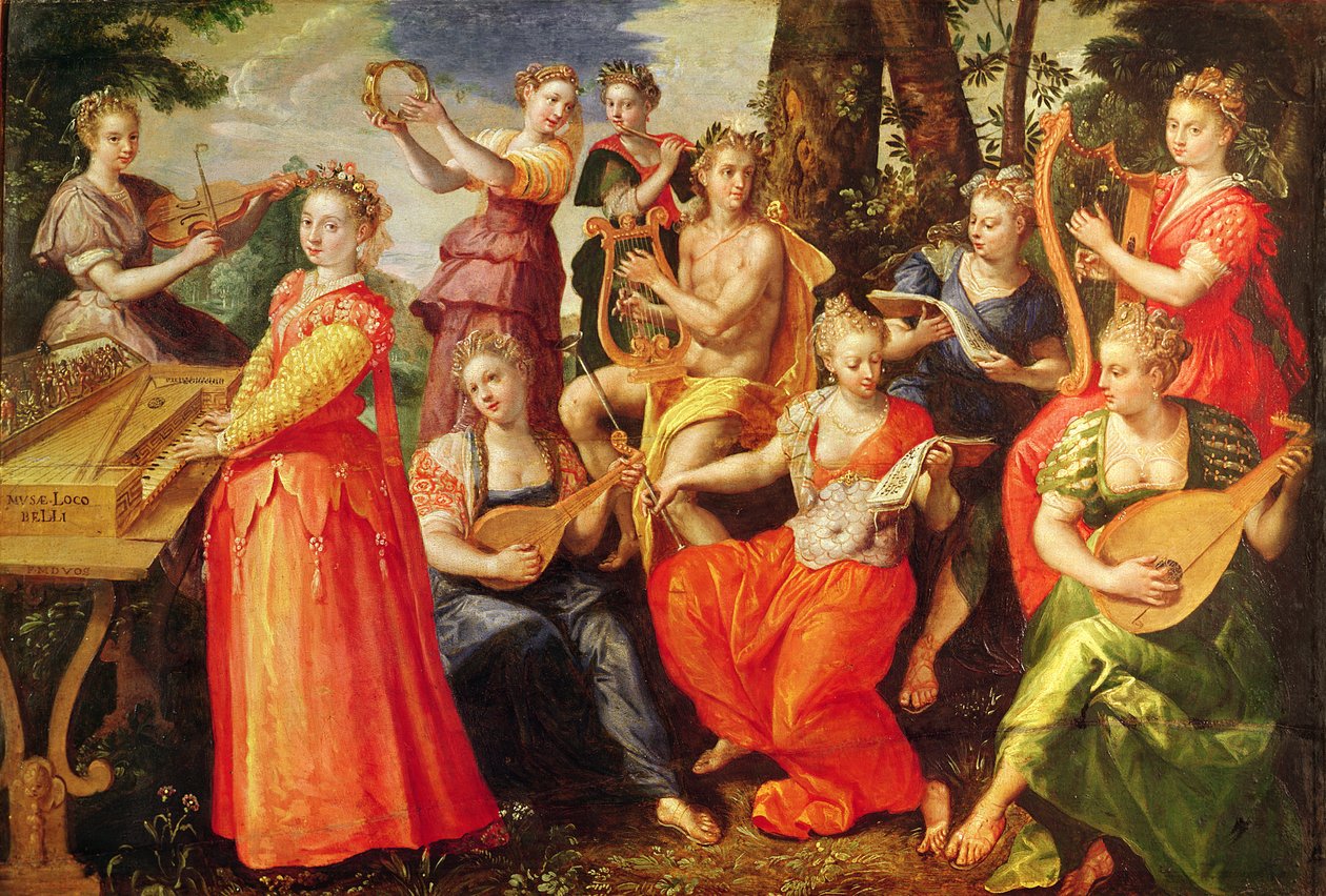 Apollo og muserne (olie på træ) af Maarten de Vos