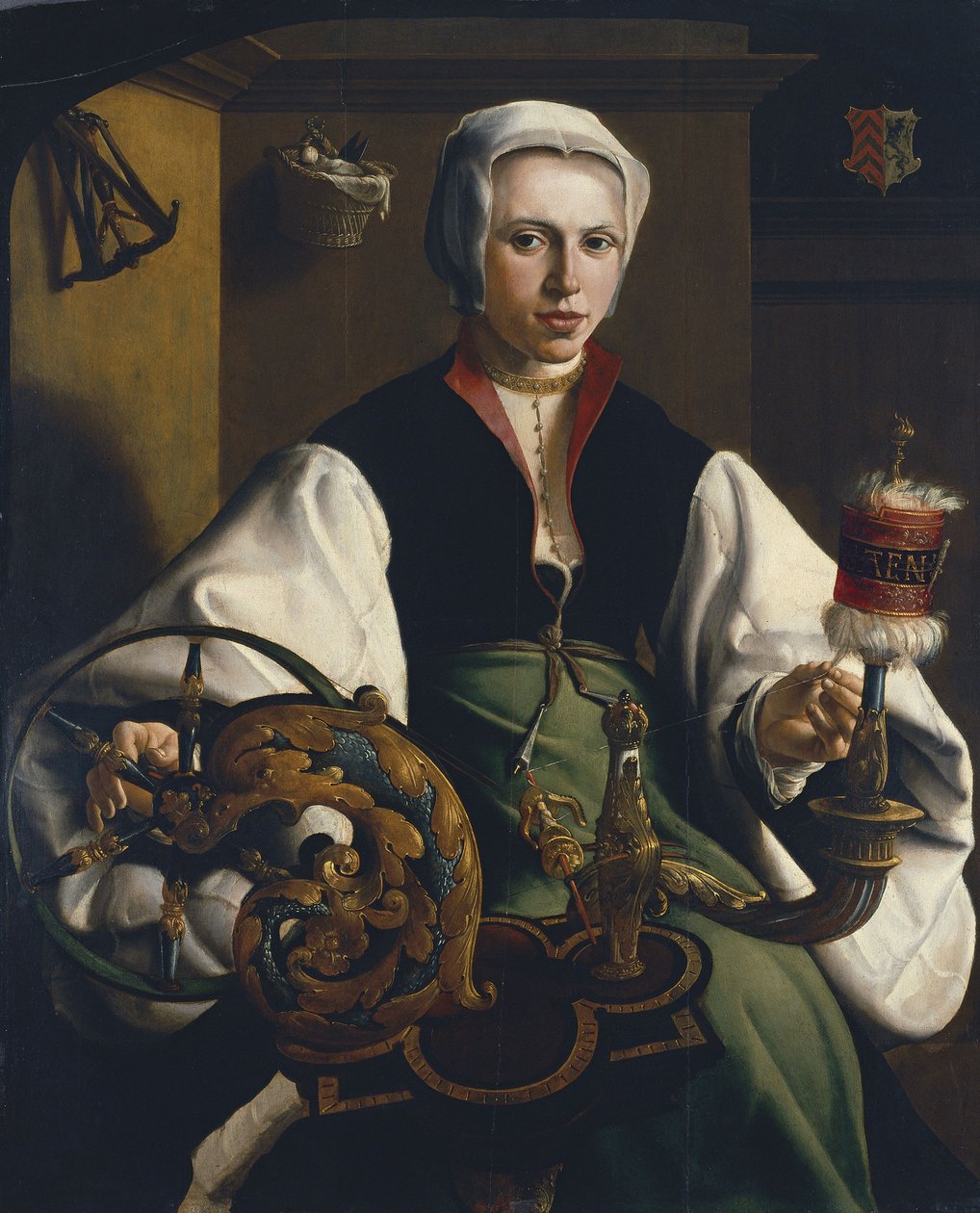 Portræt af en dame, der snurrer af Maarten van Heemskerck