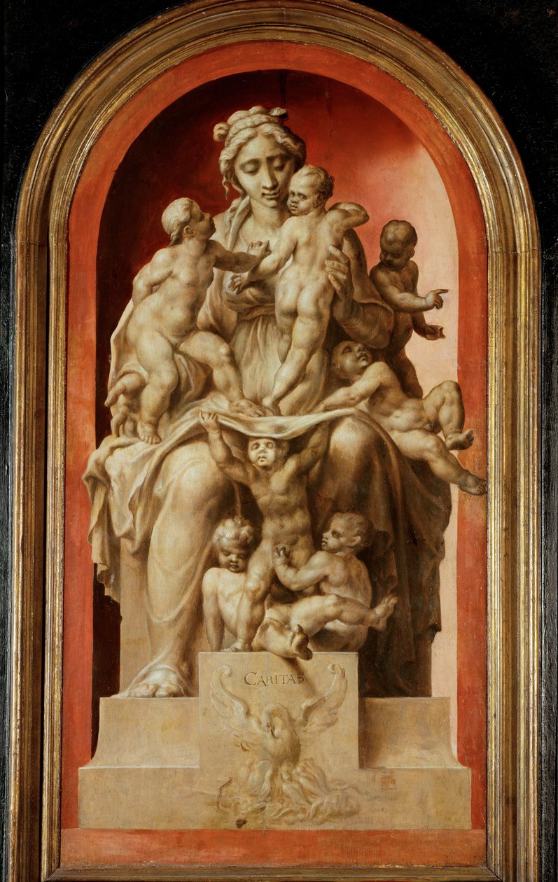 Caritas. Grisaille, egetræ ... af Maerten van Heemskerck