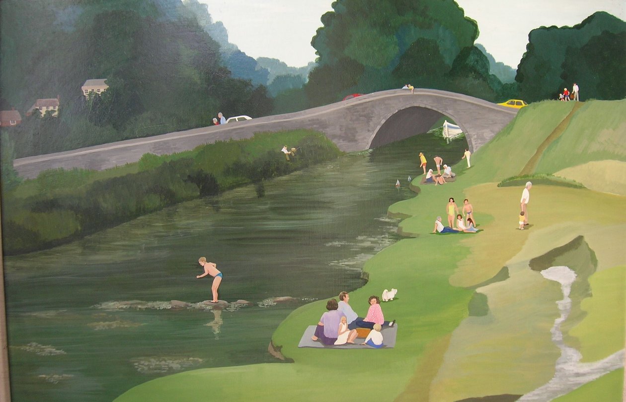 Riverside Picnic, 1989 (akryl om bord) af Maggie Rowe