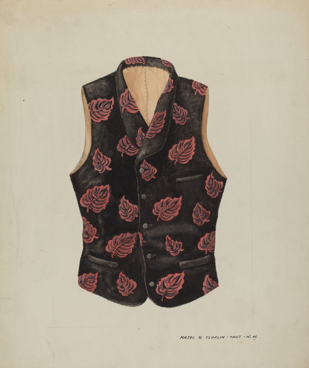 Broderet fløjlsvest, ca. 1937. af Majel G. Claflin