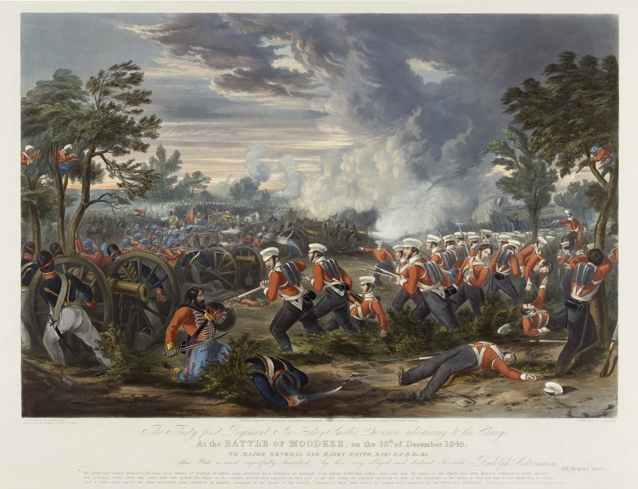 Det 31. regiment, Sir Harry Smiths division rykker frem til angrebet ved slaget ved Moodkee 18. december 1845, udgivet af Rudolph Ackermann, 18. juni 1848 (farvet akvatint) af Major G.F. White