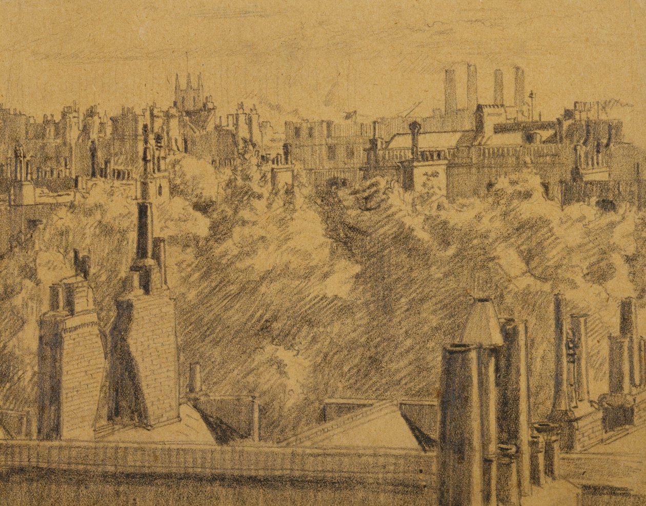 London Roofs, ca. 1914 (grafit på papir lagt på kort) af Malcolm Drummond