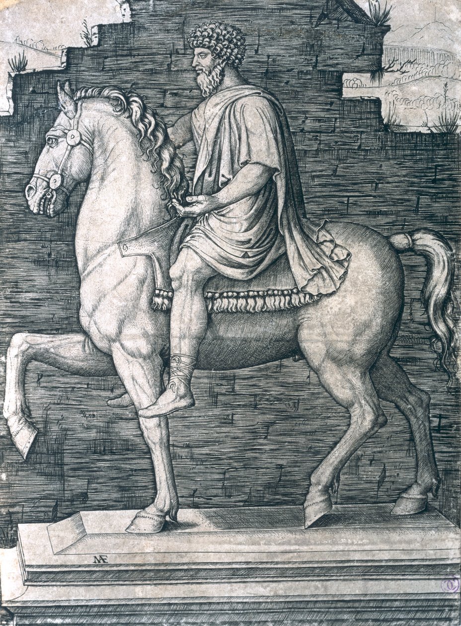 Rytterstatue af Marcus Aurelius (121-180 e.Kr.) af Marcantonio Raimondi