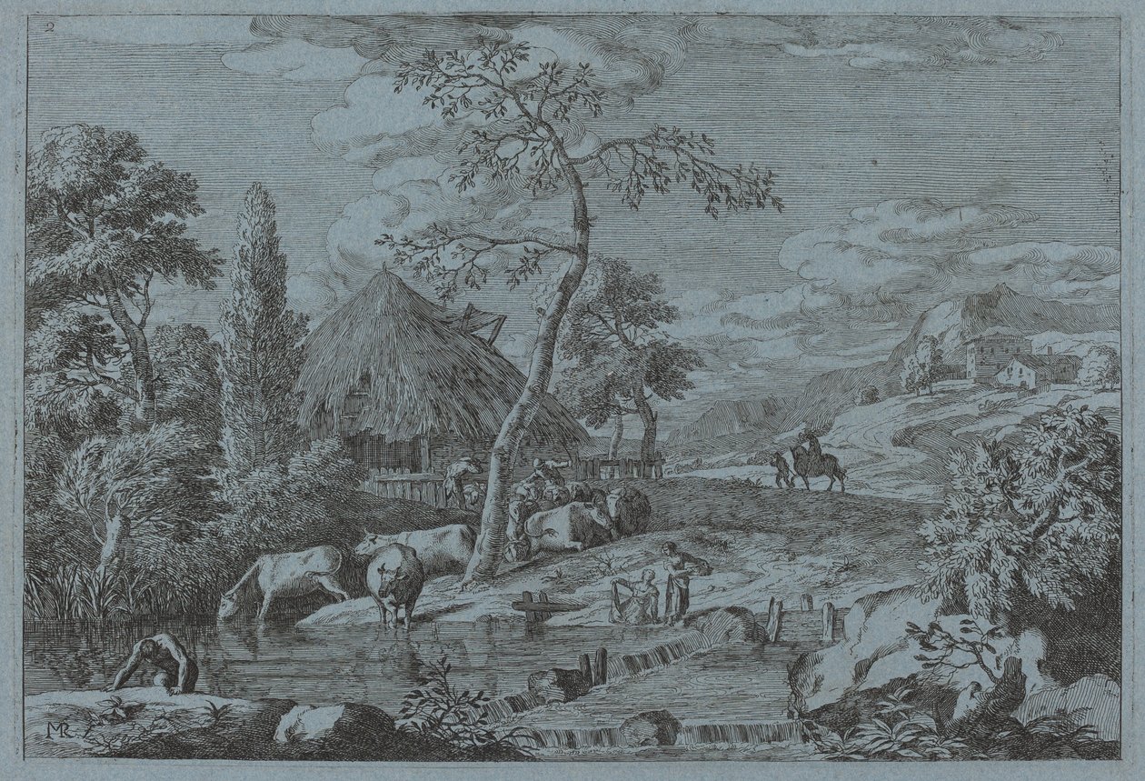 Kvæg og figurer ved en gårdstrøm af Marco Ricci