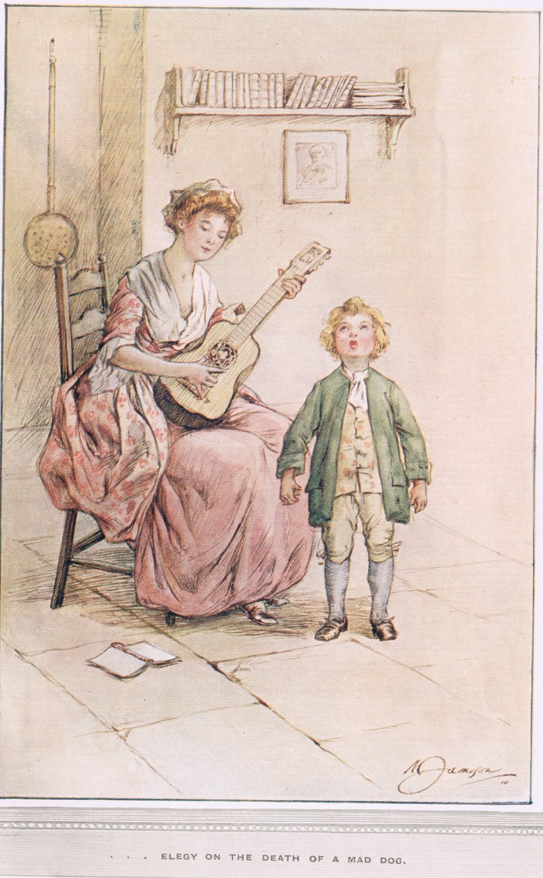 Elegie over en gal hunds død, illustration fra "The Vicar of Wakefield" af Oliver Goldsmith, ca. 1910 af Margaret Jameson