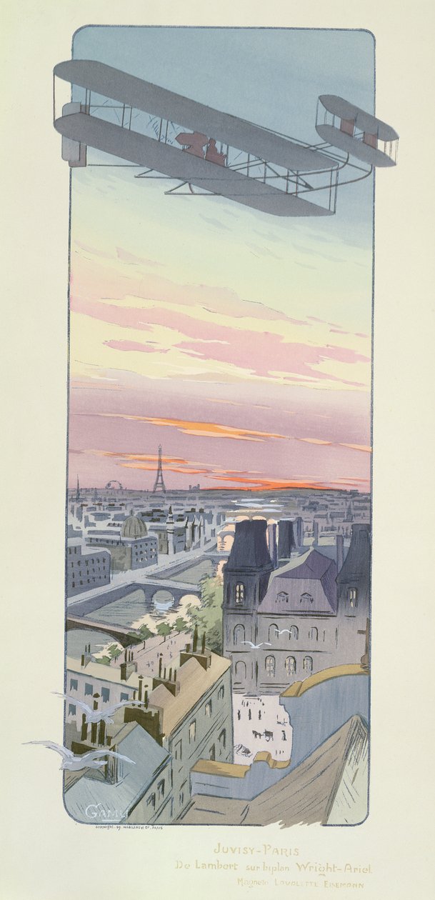 Comte Charles de Lambert flyver en Wright-Ariel biplan, Juvisy, Paris, udgivet af Mabileau, Paris, 1914 (pochoirtryk) af Marguerite Montaut