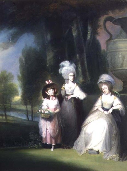 Et gruppeportræt af familien Lindsey i et klassisk landskab af Maria Spilsbury