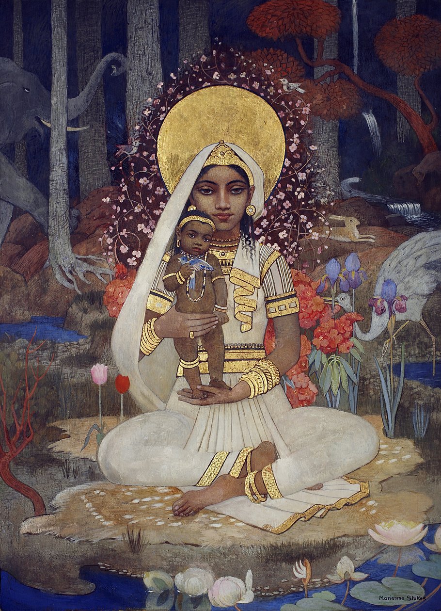 Devaki, Krishnas mor (tempera og guldmaling på papir lagt om bord) af Marianne Stokes