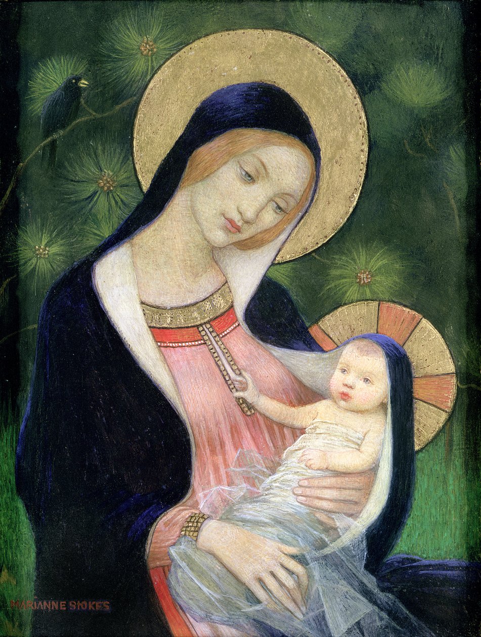 Madonna of the Gran Tree, 1925 (tempera og forgyldt på gesso ombord) af Marianne Stokes