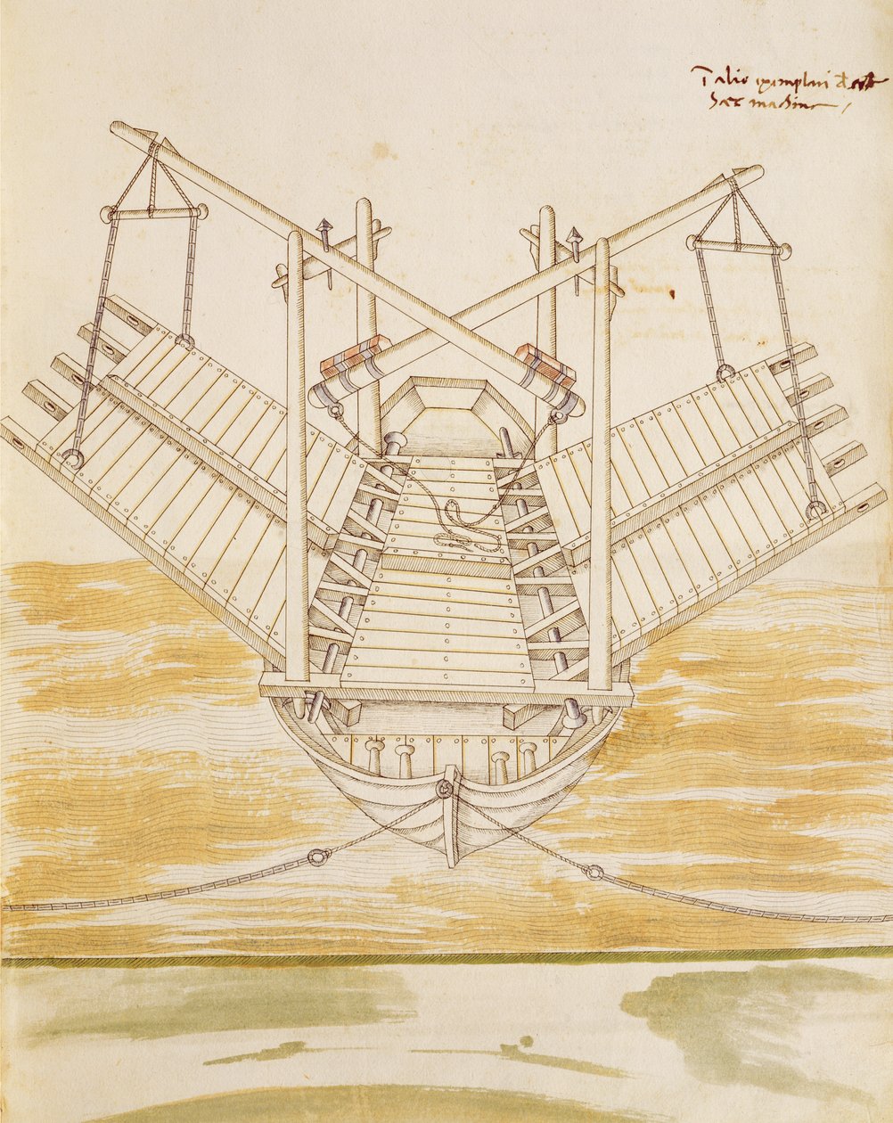 Design til et krigsskib, illustration fra "De Machinis" (pen og blæk og wc på papir) af Mariano di Jacopo
