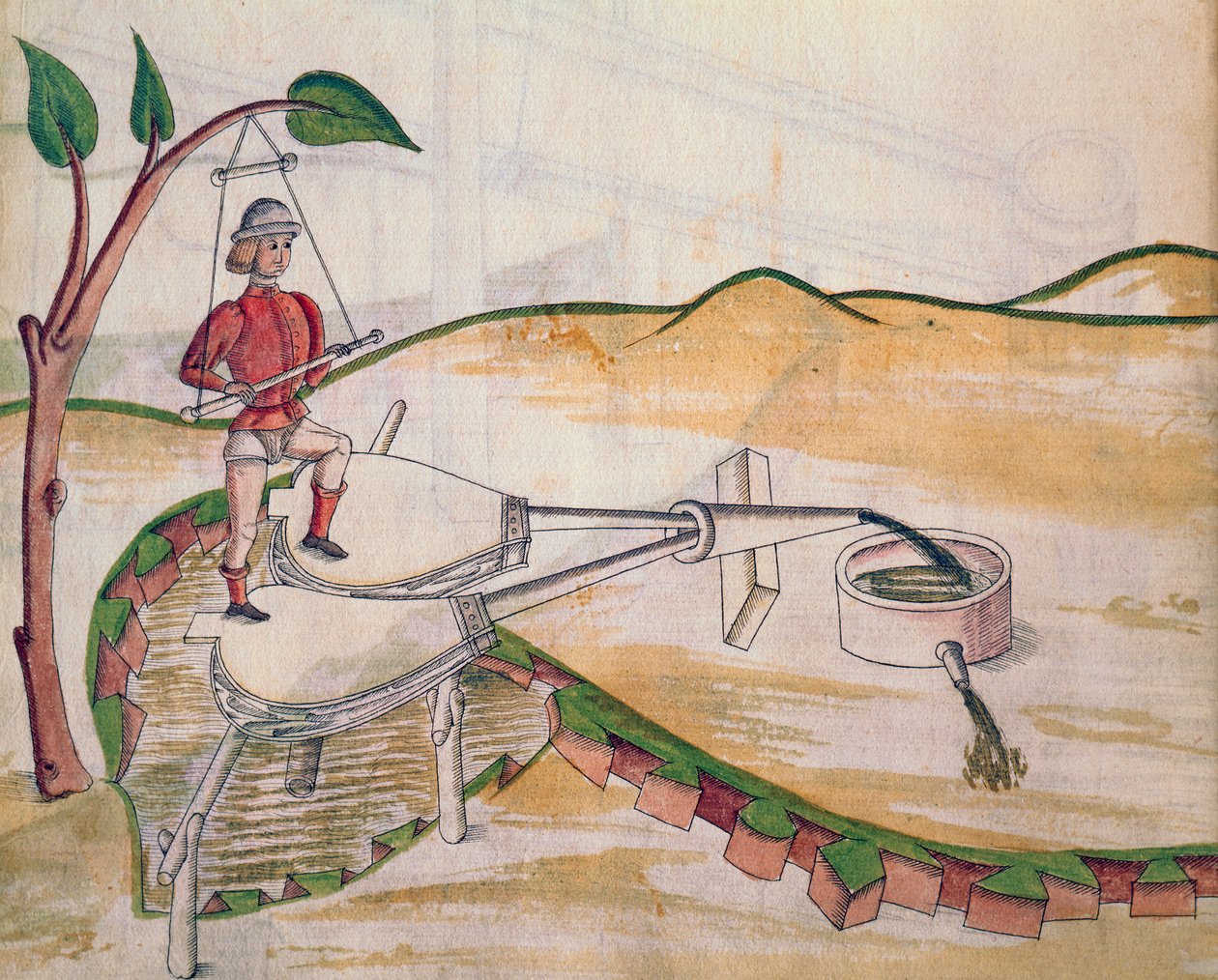 Diagram af en pumpe udført ved hjælp af bælge, illustration fra De Machinis (pen og blæk og wc på papir) af Mariano di Jacopo 1382 c.1453 after Mariano di Jacopo 1382 c.1453 after