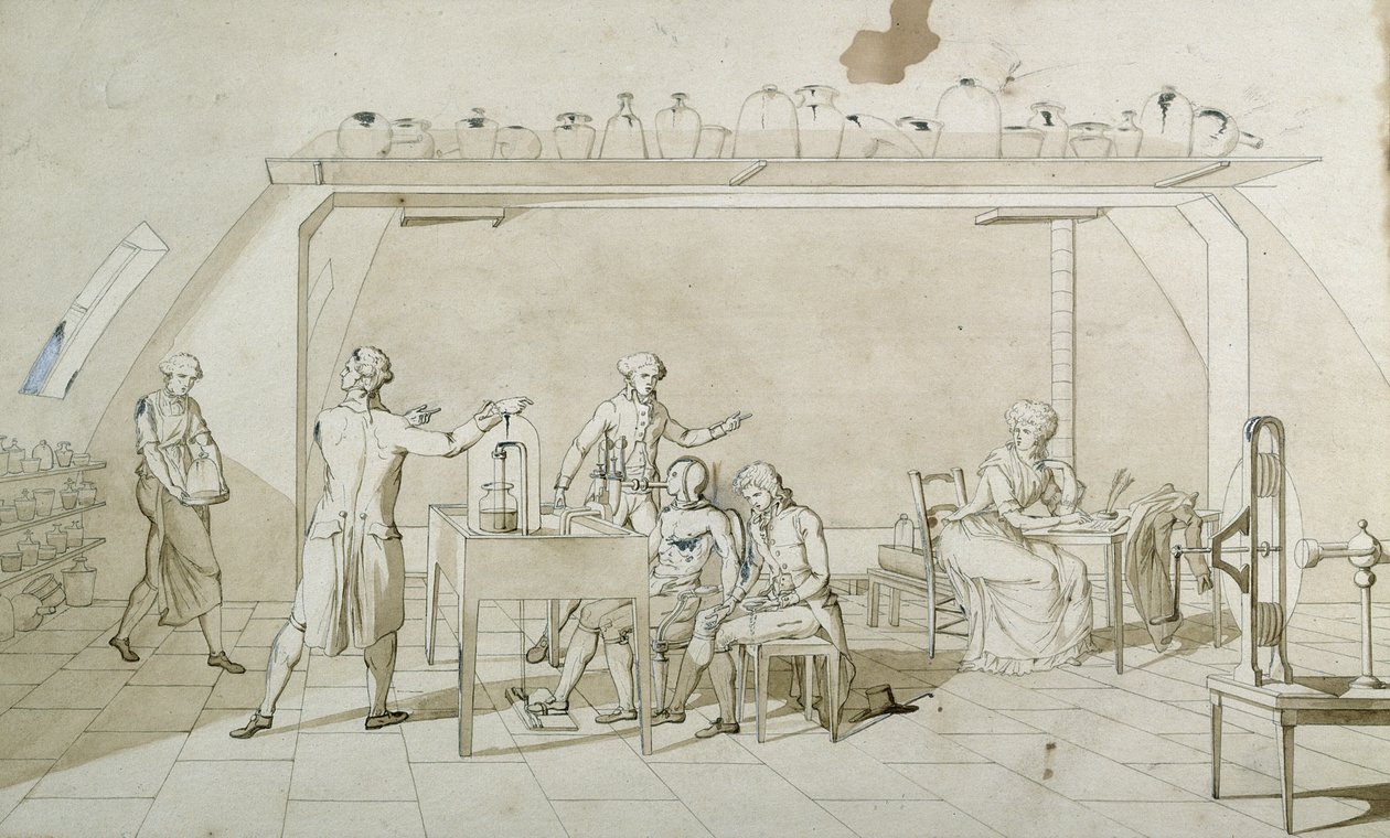 Antoine Lavoisier (1743-94) og hans eksperimenter med respiration (pen og blæk og sepia vask på papir) af Marie Anne Pierrette Lavoisier