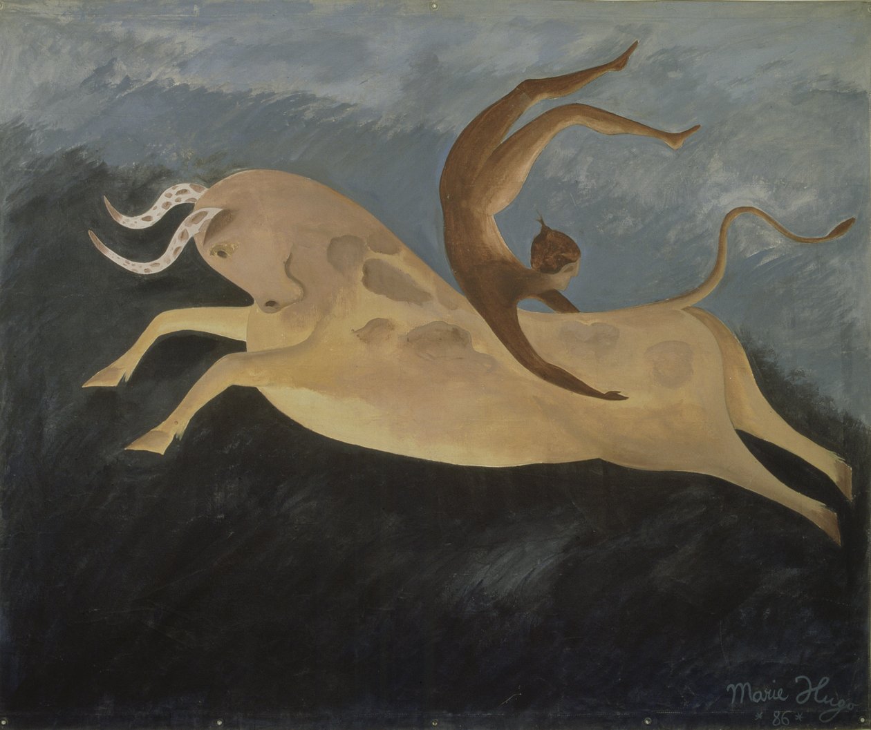 Tyr med den kretensiske danser, 1987 (akryl på lærred) af Marie Hugo