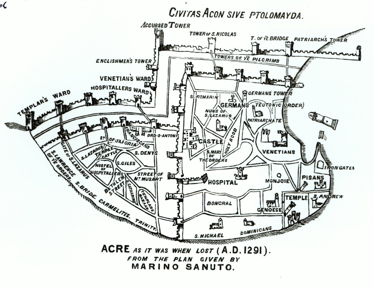 Acre, som den var, da den gik tabt (1291 e.Kr.) af Marino the Elder Sanuto