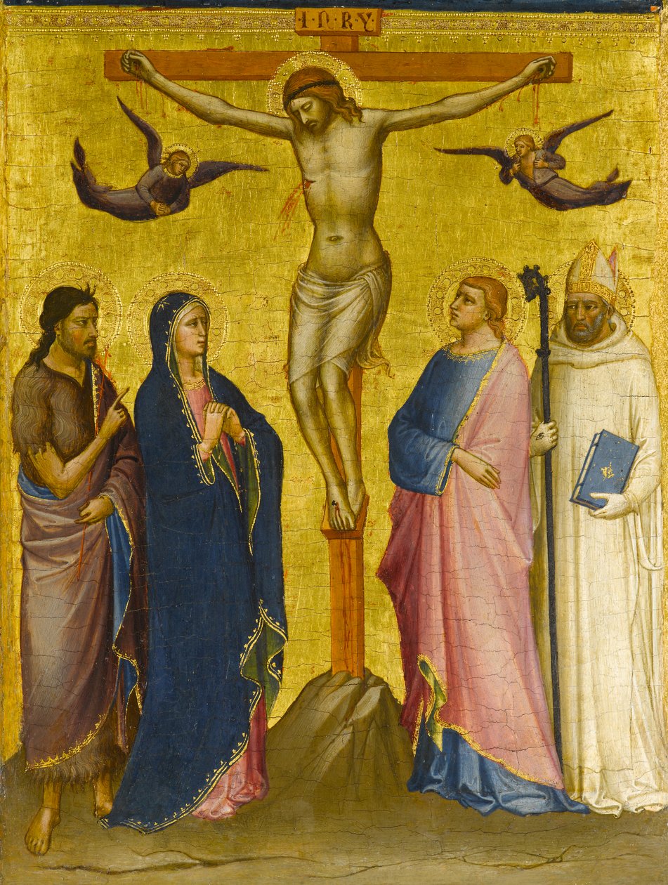Korsfæstelsen med Johannes Døberen, Jomfruen, Evangelisten Johannes og en karteuserhelgen, ca. 1385-1390 (tempera og bladguld på panel) af Mariotto di attr.to Nardo