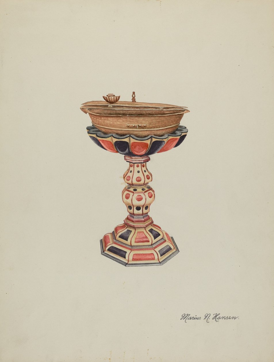 Døbefont og stativ, ca. 1939. af Marius Hansen