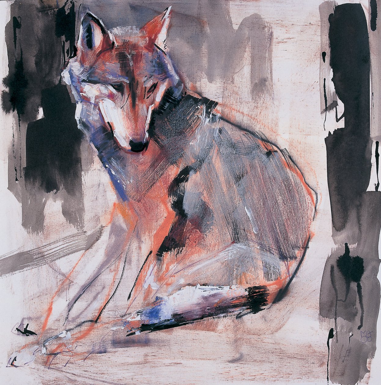 Sitting Wolf, 2000 (blandet medier på papir) af Mark Adlington