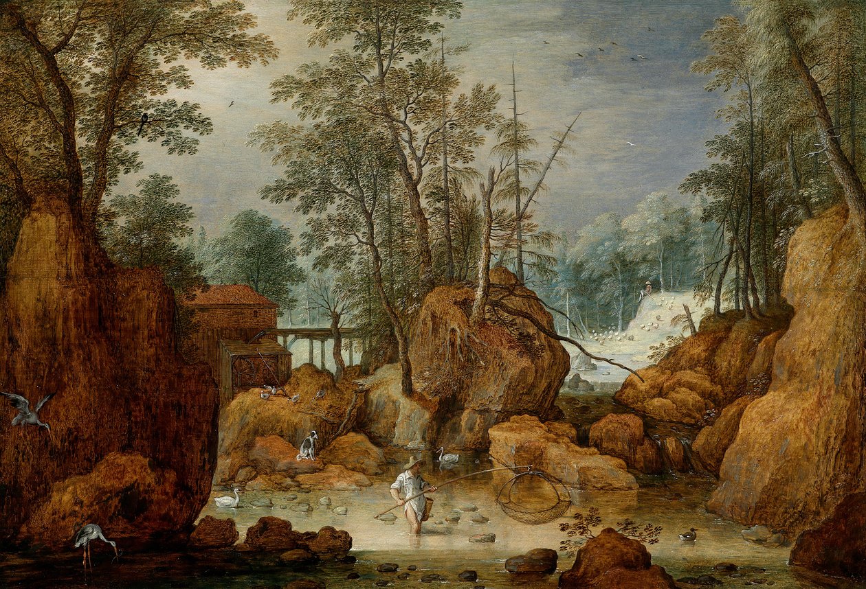 En fisker i en flod i et skovklædt landskab af Marten Ryckaert