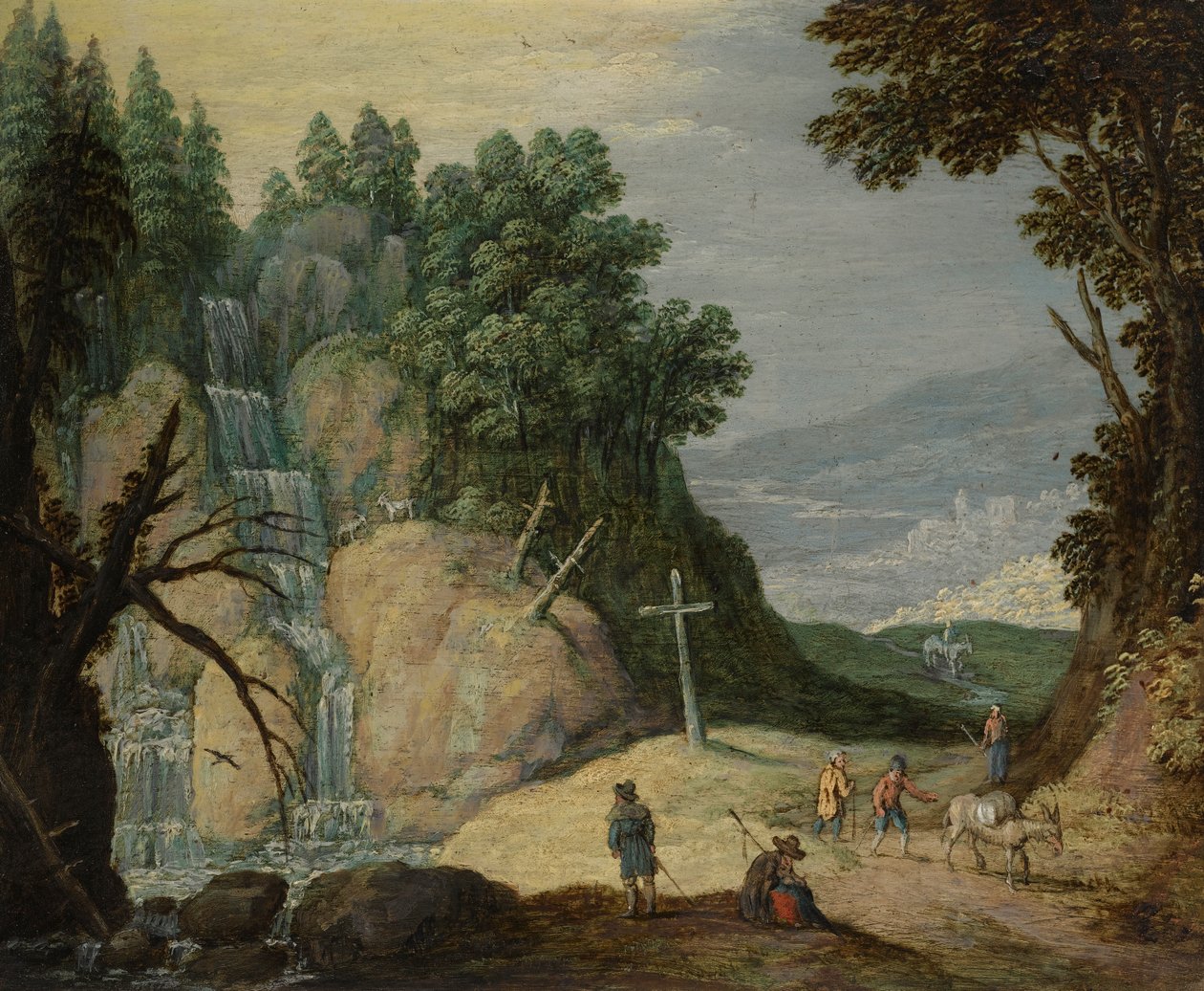 Et stenet landskab med et vandfald og rejsende på en sti af Marten Ryckaert