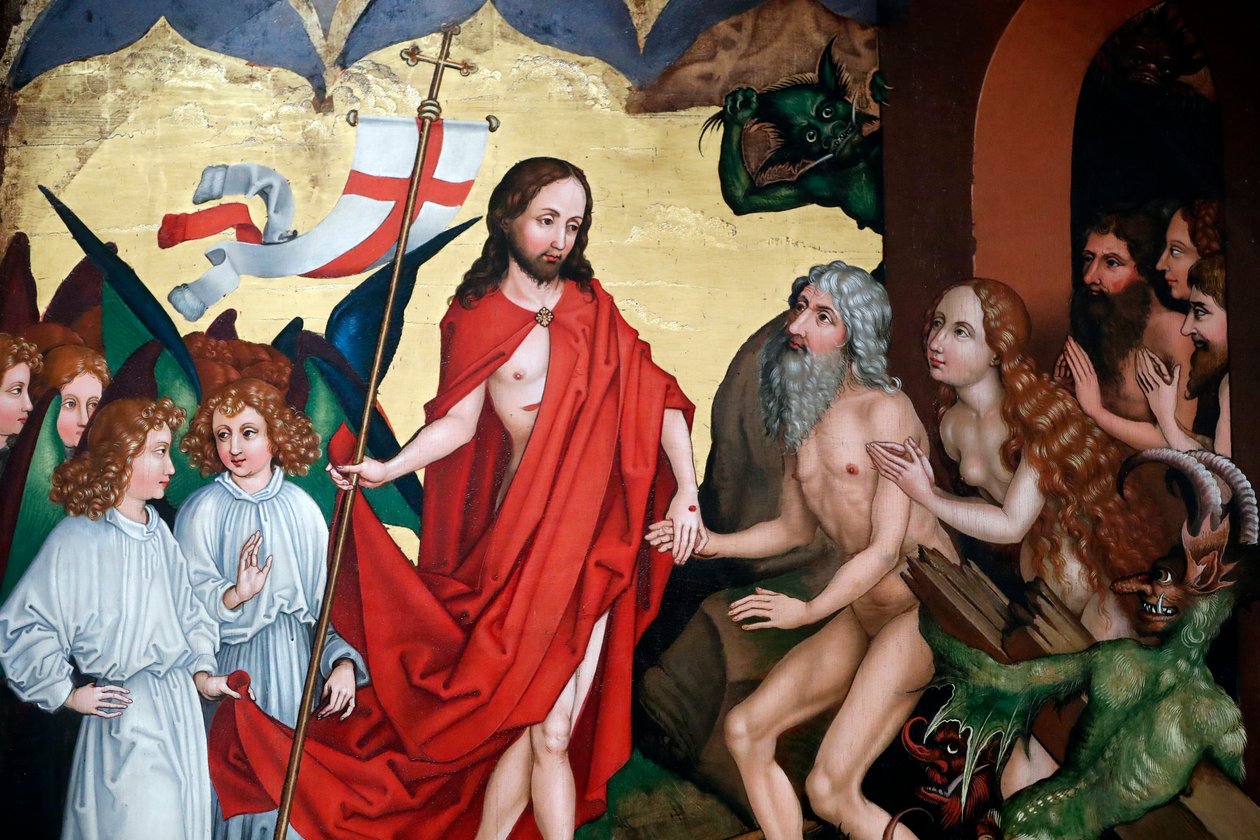 Jesus trækker Adam og Eva ud af deres grave ved opstandelsen af Martin Schongauer