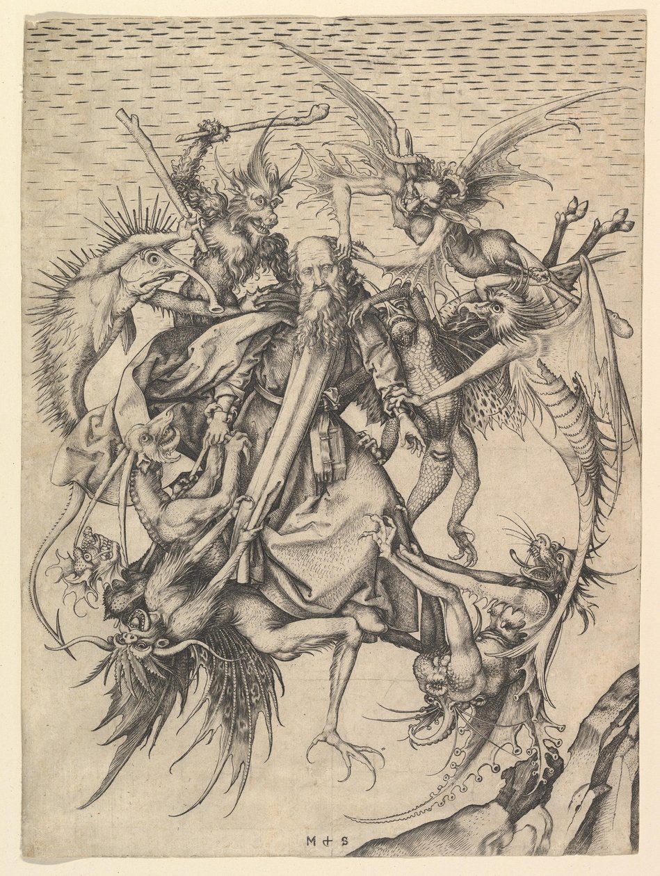 The Temptation of St. Anthony af Martin Schöngauer c. 1480-90. Gravering af Martin Schongauer