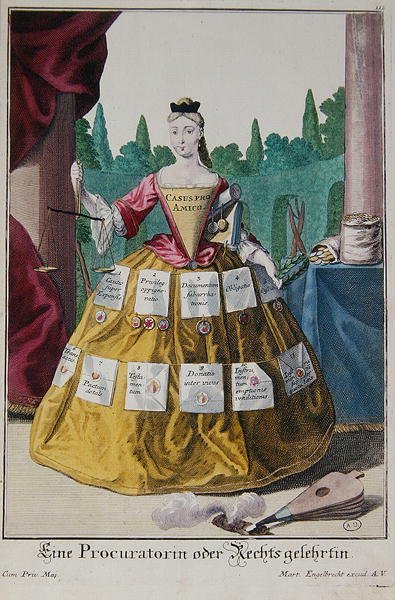 En kvindelig anklager, ca. 1735 (farve litho) af Martin Engelbrecht