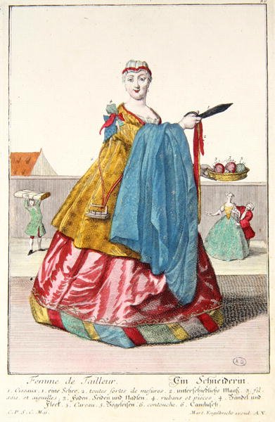 Skrædderens kone, ca. 1735 (farvestik) af Martin Engelbrecht