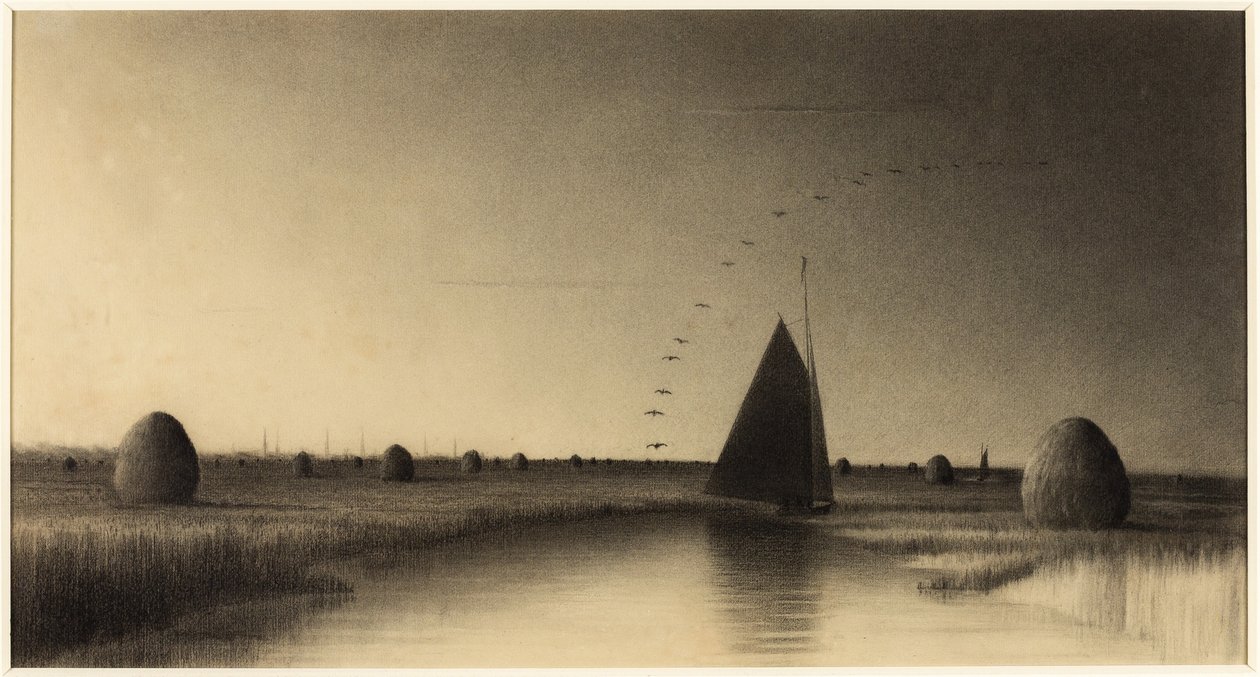 Sejlbåd og høstakke på Newbury Marsh af Martin Johnson Heade