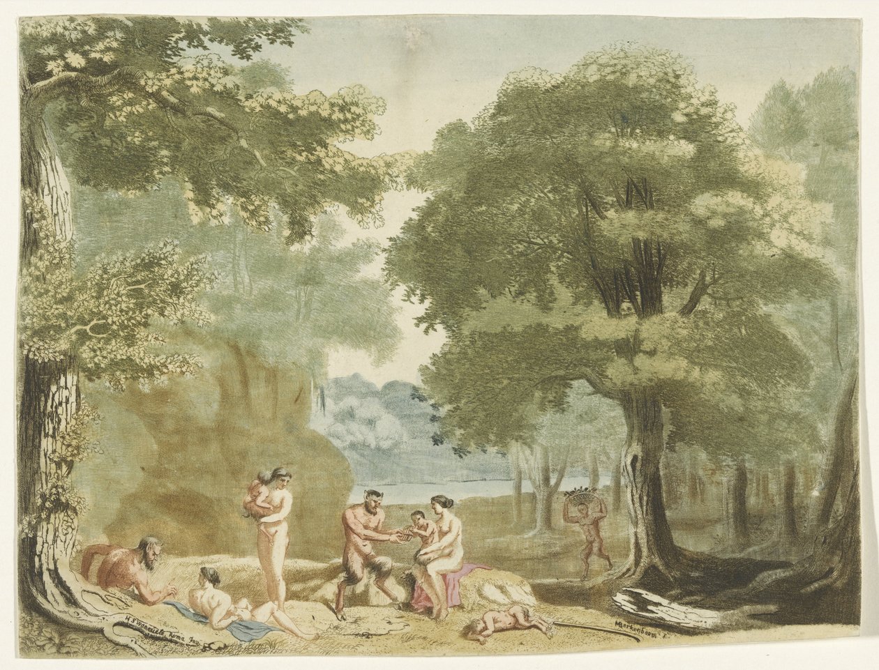 Nymfer og satyrer i et landskab. af Martinus Berkenboom