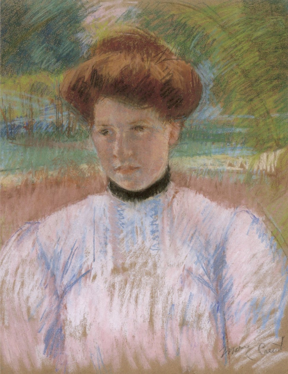 Ung kvinde med rødbrunt hår i en lyserød bluse af Mary Cassatt