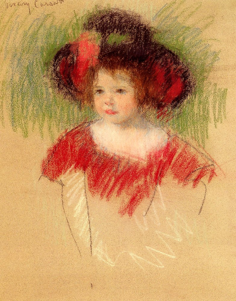 Margot i stor Bonnett og rød kjole af Mary Cassatt