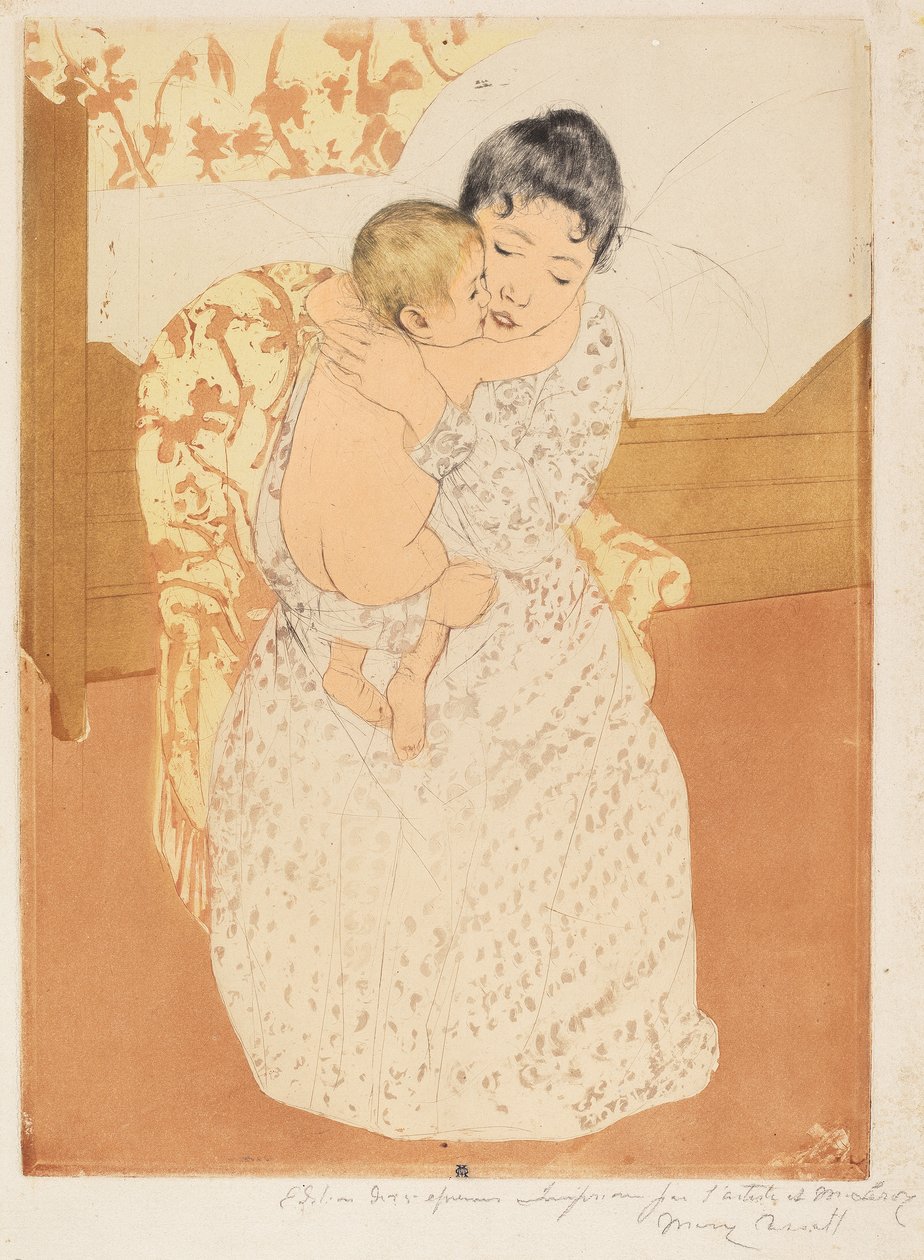 Maternal Caress, 1890-1 (farve tørnål og akvatint på cremepapir) af Mary Cassatt