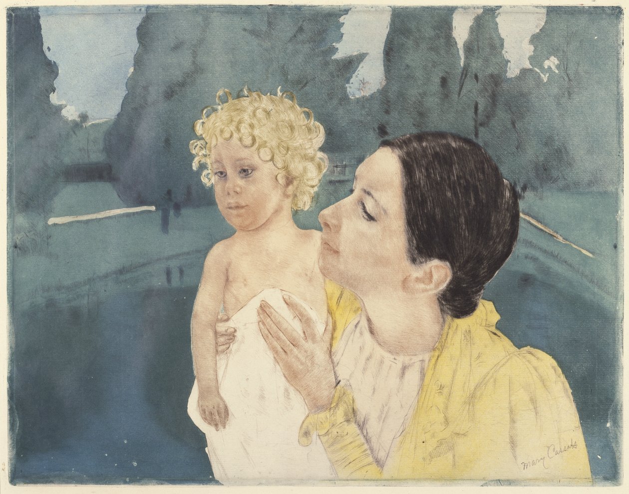 Mor og barn før en pool, 1898 (tørpunkt og akvatint på lagt papir) af Mary Cassatt