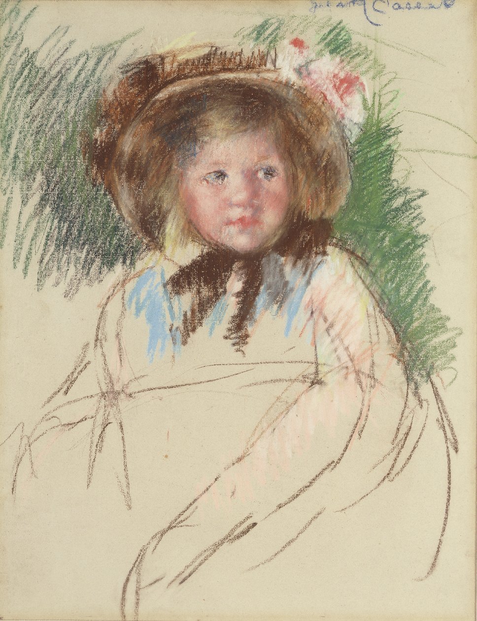 Sara i mørk motorhjelm bundet under hagen, ca. 1901 af Mary Cassatt