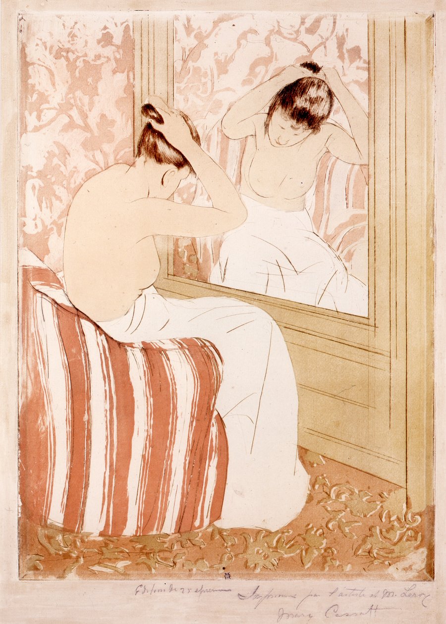 The Coiffure (blæk og kul på papir) af Mary Cassatt