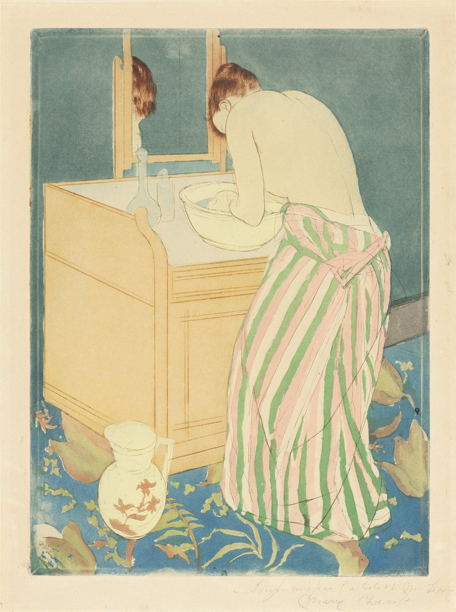 Kvinde bader, 1890-1 (farve tørnål og akvatint på kraftigt lagt papir) af Mary Cassatt