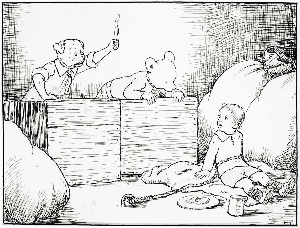 De så en lille dreng opvendt ansigt stirre forskrækket på dem, illustration fra Rupert Bear Goes Hiking, pub. af Marston & Co., London, 1920