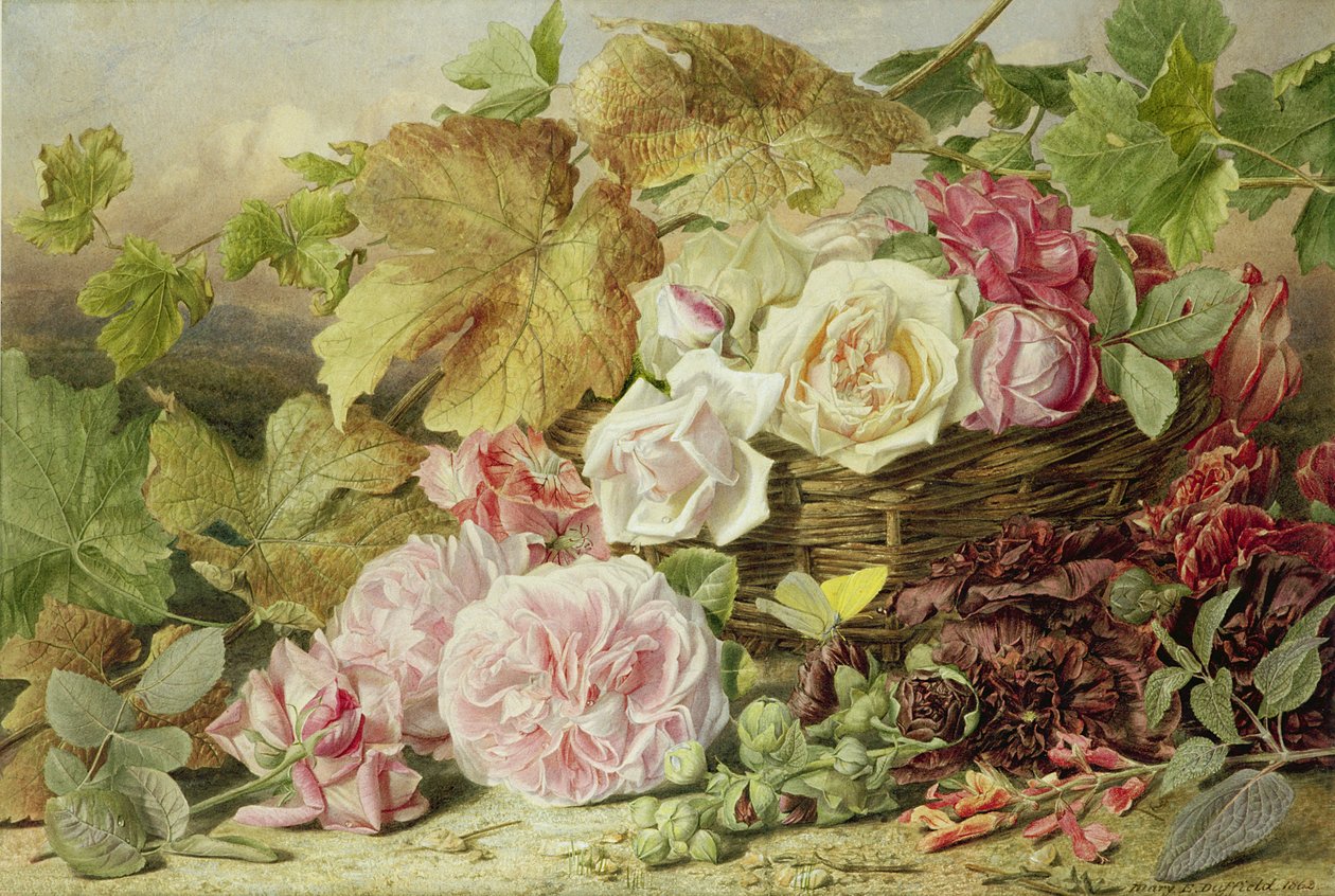 Pæoner, roser og stokroser, 1862 af Mary Elizabeth Duffield