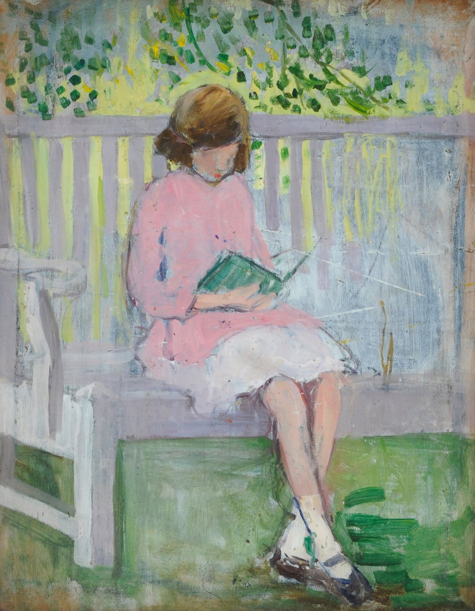 Pige læser (olie på træ) af Mary Ethel Hunter