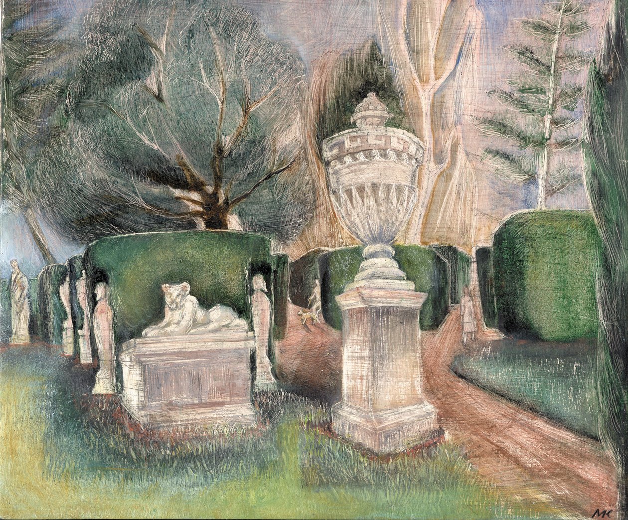Chiswick House: Statues, 2002 (olie om bord) af Mary Kuper
