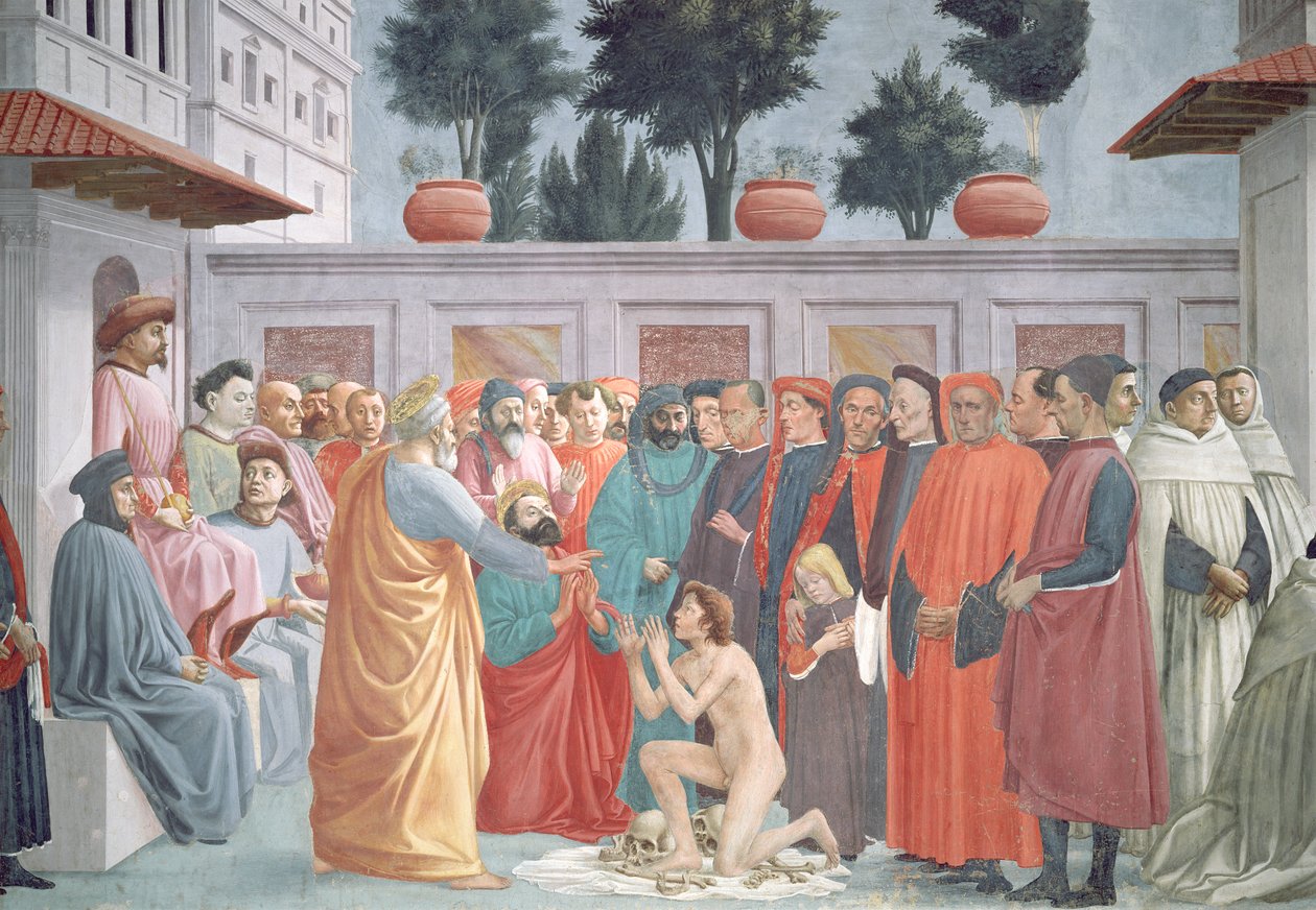 Opstandelsen af Theophilus, søn af kongen af Antiokia, fra det nederste venstre register af kapellet, ca. 1425-27, afsluttet 1484-85 (detalje af 63302) af Filippino Lippi