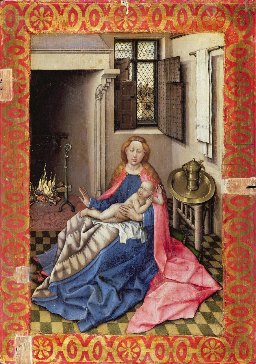 Madonna og barn før en pejs (panel) (del af en ditykon, se 73053) af Master of Flémalle