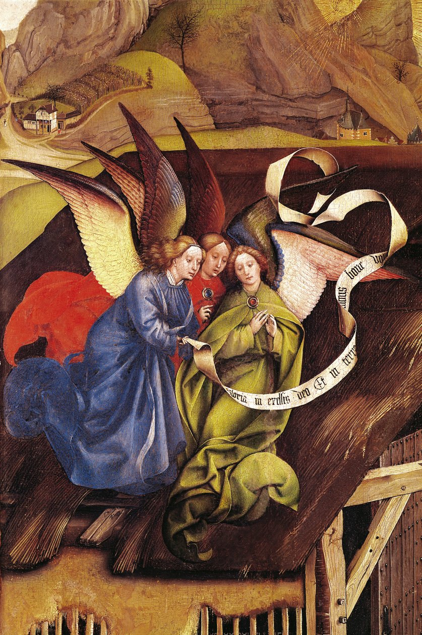 Nativity, detalje af tre engle, ca. 1425 (detalje af 128673) af Master of Flémalle