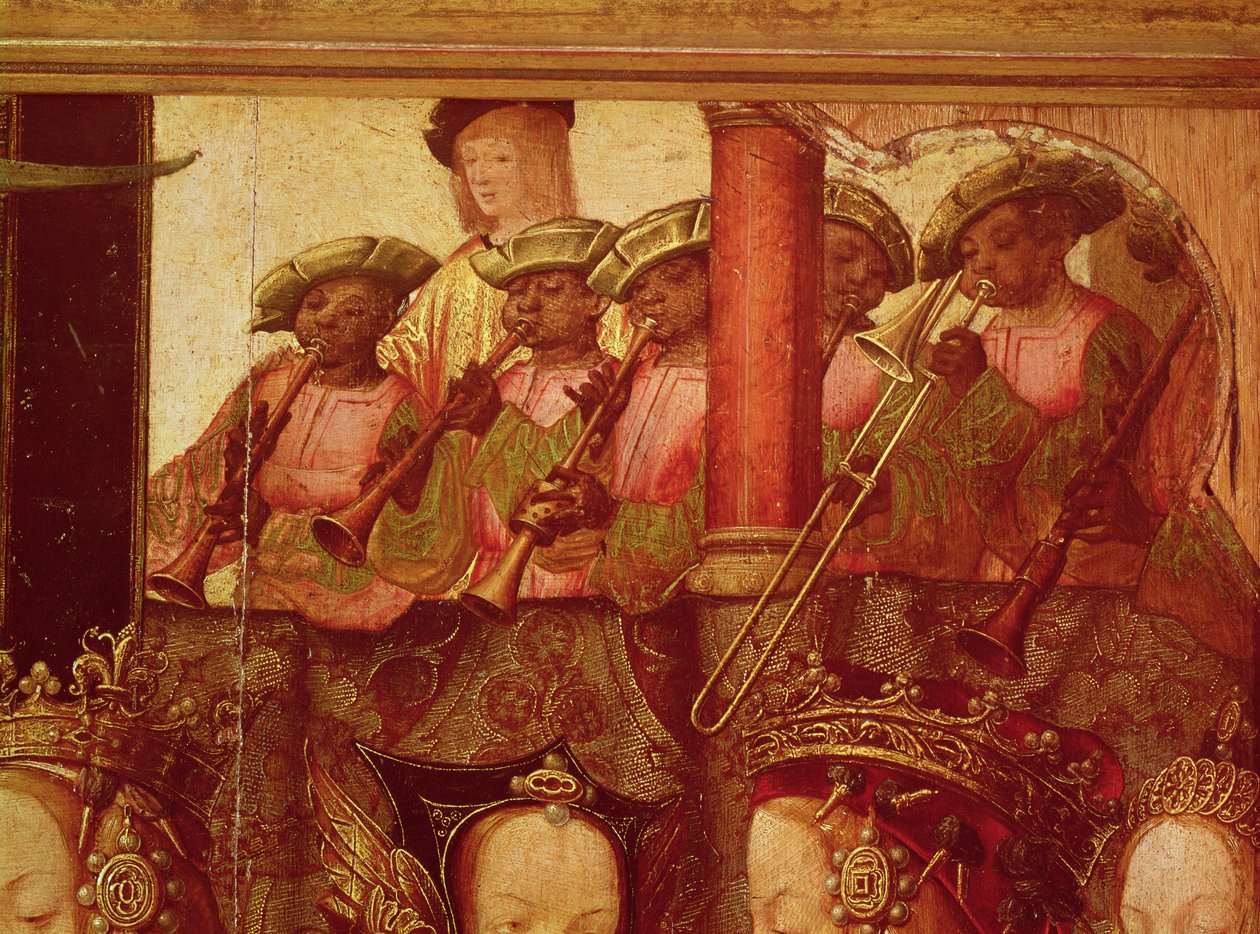 Forlovelsen af St. Ursula og Prins Etherius, detalje af de sorte musikere, ca. 1520 af Master of Saint Auta
