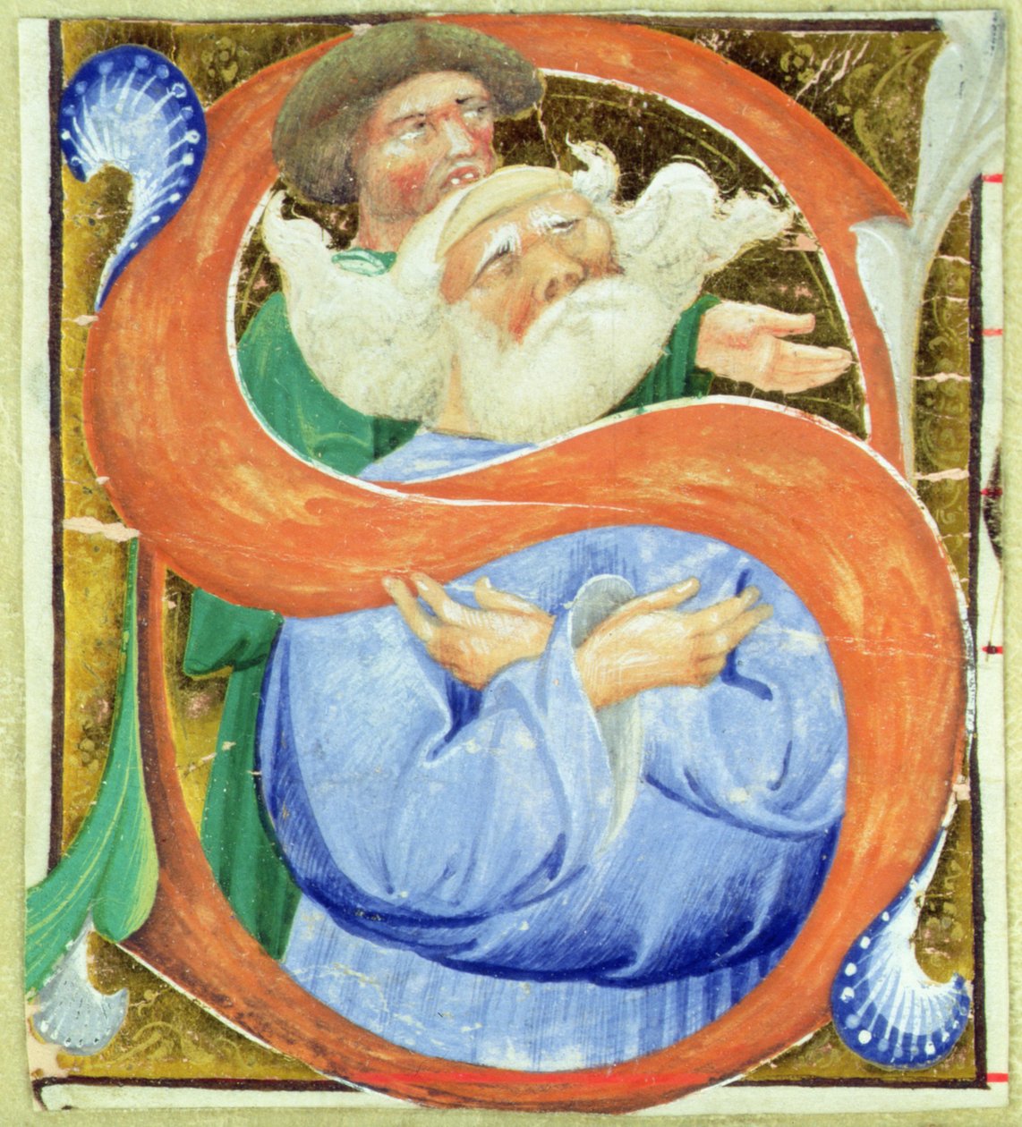Historik initial S, der forestiller en gammel mand, der beder af Master of San Michele of Murano