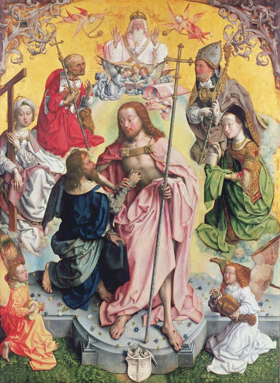 Centralpanel fra St. Thomas-altertavlen, 1501, Kristus og Sankt Thomas omgivet af Sankt Helena, Maria Magdalena, Sankt Jerome og Sankt Ambrosius af Master of St. Bartholemew