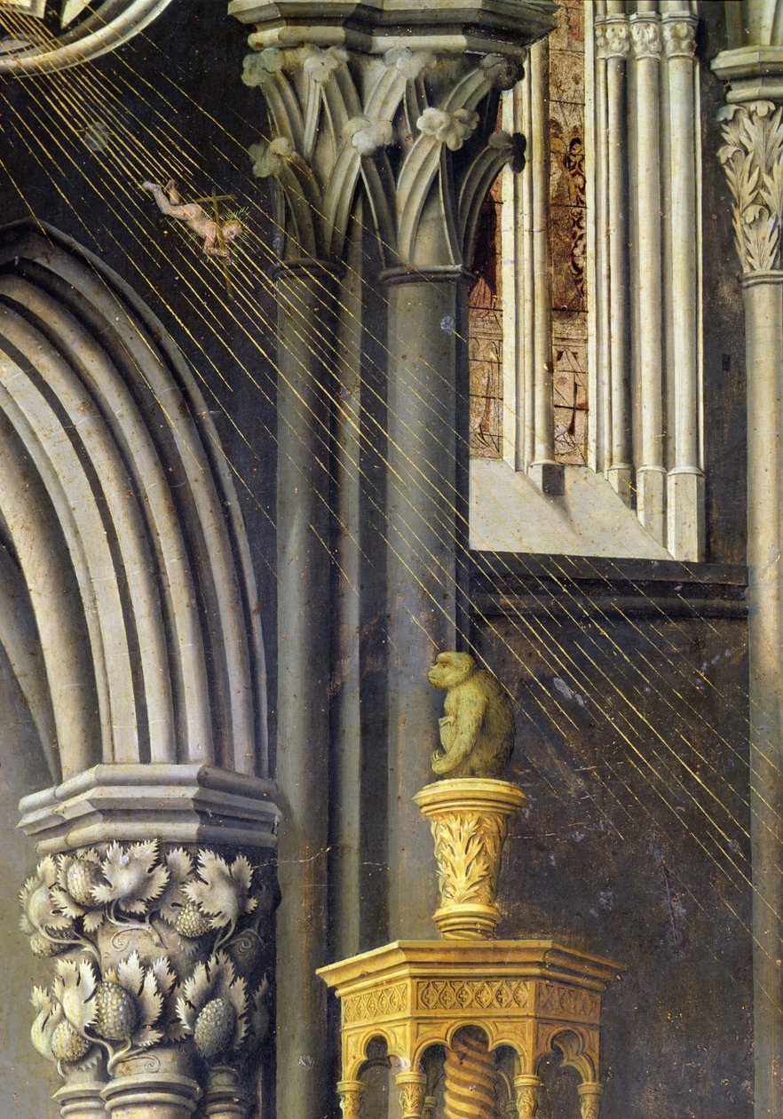 Jesusbarnet falder fra Gud Fader i himlen i en lysstråle. ca. 1445 af Master of the Aix Annunciation